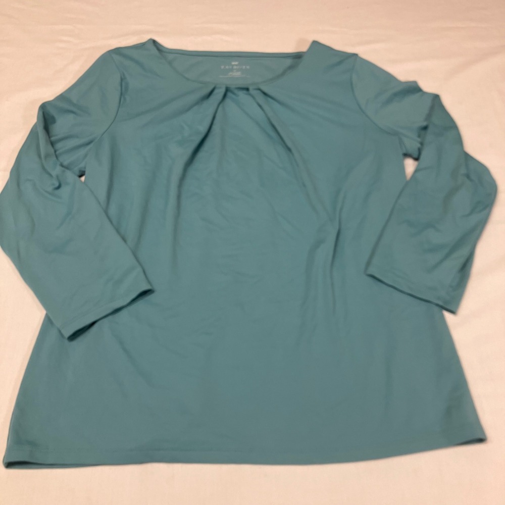 Talbots Womens Teal Blue Pleated Scoop Neck Long Sleeve Stretch Top Size M FLAW